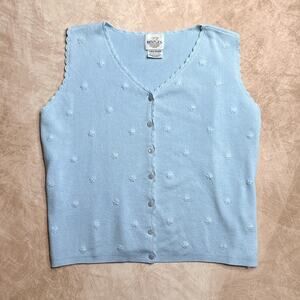 Vintage 90s Baby Blue Floral Embroidered Knit Sleeveless Sweater Vest Cottage